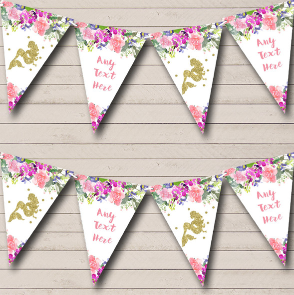 Floral Gold Mermaid Custom Personalised Childrens Party Flag Banner Bunting
