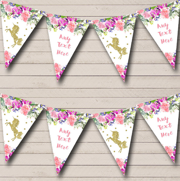 Floral Gold Unicorn Custom Personalised Childrens Party Flag Banner Bunting