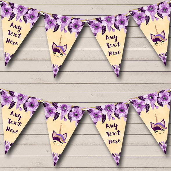 Purple Floral Unicorn Custom Personalised Childrens Party Flag Banner Bunting