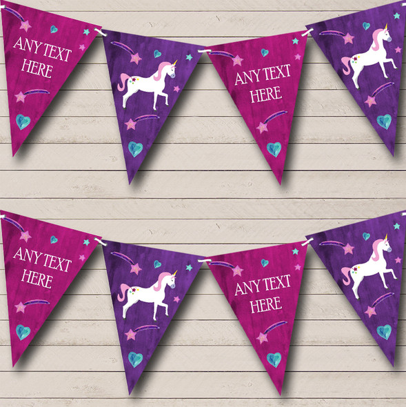Purple Pink Unicorn Custom Personalised Childrens Party Flag Banner Bunting