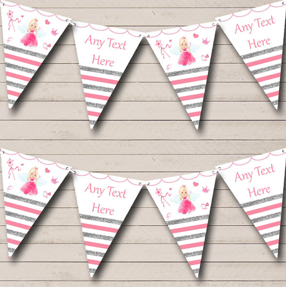 Silver & Pink Stripes Fairy Princess Custom Personalised Baby Shower Flag Banner Bunting