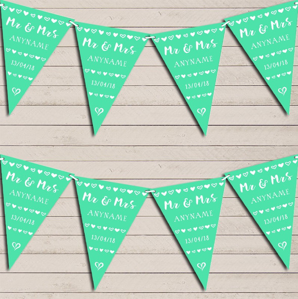 Mr & Mrs Hearts Mint Green Wedding Anniversary Flag Banner Bunting Garland Party Banner