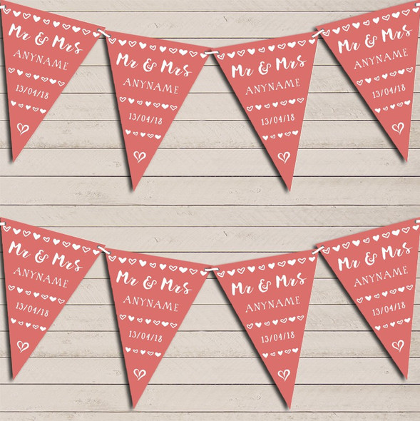 Mr & Mrs Hearts Coral Wedding Day Married Flag Banner Bunting Garland Party Banner