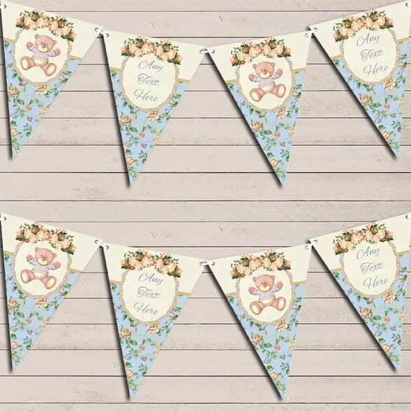 Teddy Bear Shabby Chic Floral Blue Boys Custom Personalised Baby Shower Flag Banner Bunting