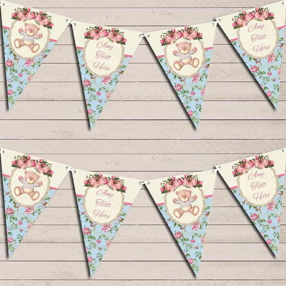 Teddy Bear Shabby Chic Floral Pink Girls Custom Personalised Baby Shower Flag Banner Bunting