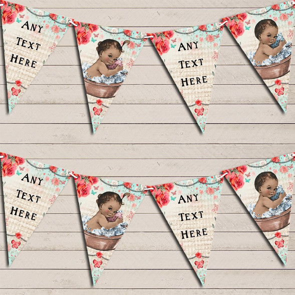 Vintage Shabby Chic Floral Brown Dark Skinned Girl Boy Twins Baby Shower Flag Banner Bunting