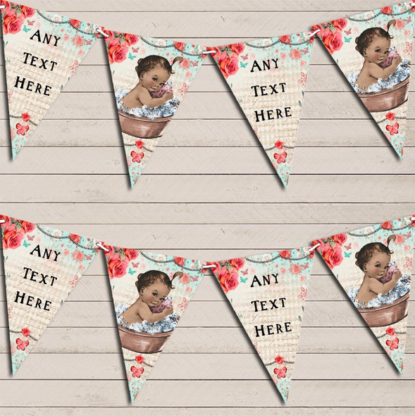 Vintage Shabby Chic Floral Brown Dark Skinned Girl Baby Shower Flag Banner Bunting