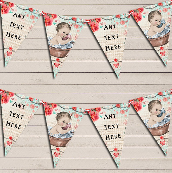 Vintage Shabby Chic Floral Light Skinned Girl Boy Twins Baby Shower Flag Banner Bunting