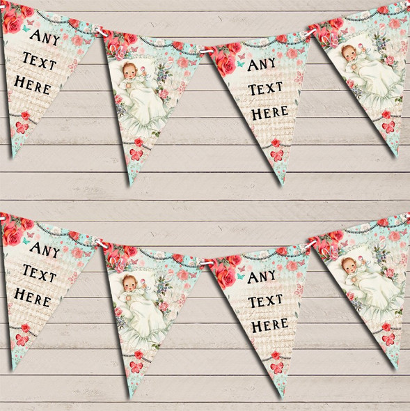 Vintage Shabby Chic Floral Pink Blue Baby Roses Custom Personalised Baby Shower Flag Banner Bunting