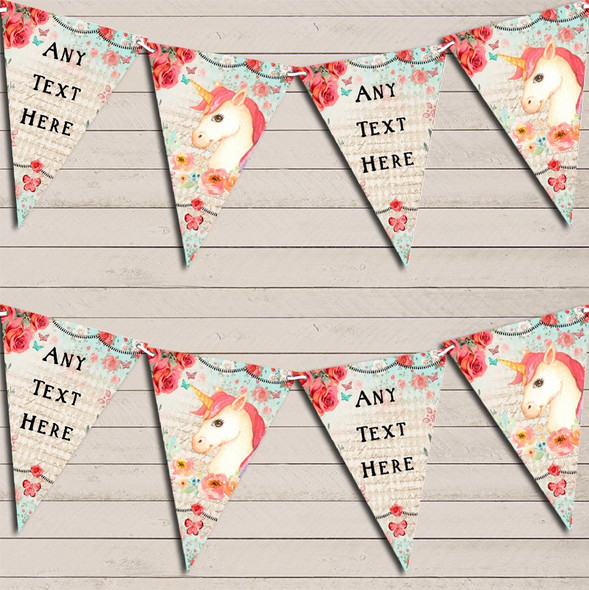 Vintage Shabby Chic Floral Unicorn Custom Personalised Baby Shower Flag Banner Bunting