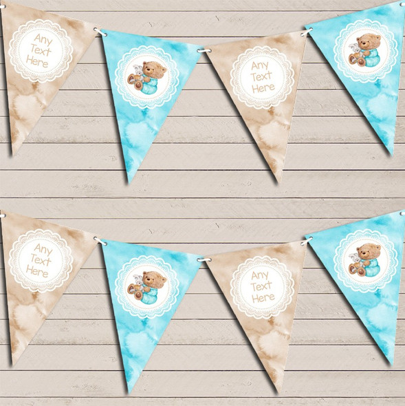 Watercolour Bear & Bunny Blue Boys Custom Personalised Baby Shower Flag Banner Bunting