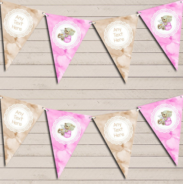 Watercolour Bear & Bunny Pink Girls Custom Personalised Baby Shower Flag Banner Bunting