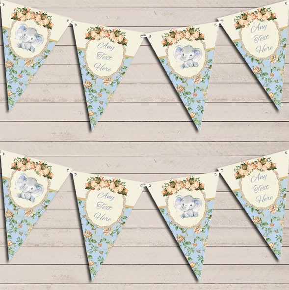 Baby Elephant Shabby Chic Floral Blue Boys Custom Personalised Baby Shower Flag Banner Bunting