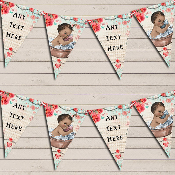 Vintage Shabby Chic Floral Brown Dark Skinned Girl Boy Twins Christening Flag Banner Bunting