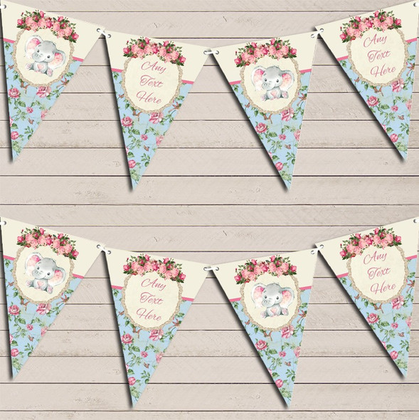 Baby Elephant Shabby Chic Floral Custom Personalised Christening Flag Banner Bunting