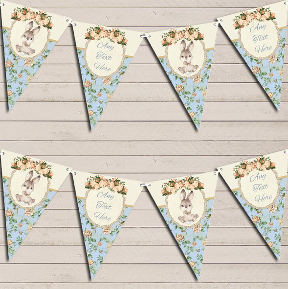 Bunny Baby Rabbit Shabby Chic Floral Blue Boys Custom Personalised Christening Flag Banner Bunting