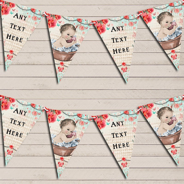 Vintage Shabby Chic Floral Light Skinned Girl Children's Birthday Flag Banner Bunting