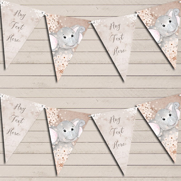 Vintage Woodland Baby Elephant Rustic Custom Personalised Children's Birthday Flag Banner Bunting