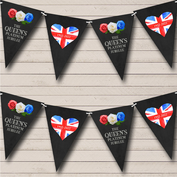 Black Flag Hearts & Roses 70 Years Platinum Jubilee Custom Personalised Party Flag Banner Bunting