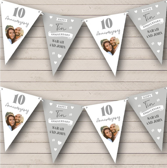 10th Wedding Anniversary Tin Photo Hearts Grey Stars Custom Personalised Flag Banner Bunting