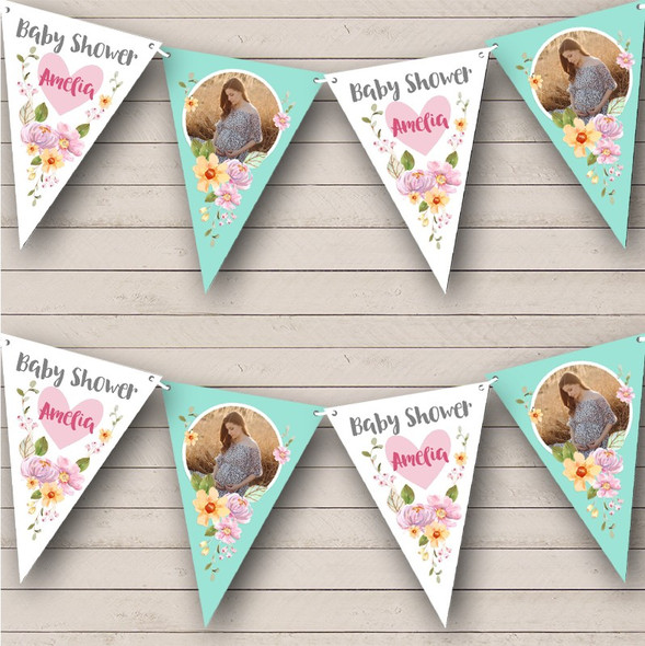 Flower Baby Shower Heart Photo Pretty Floral Custom Personalised Party Flag Banner Bunting