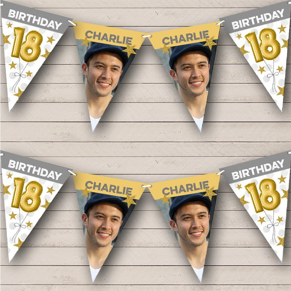 18th Birthday Balloons Photo Gold Stars Grey Custom Personalised Party Flag Banner Bunting