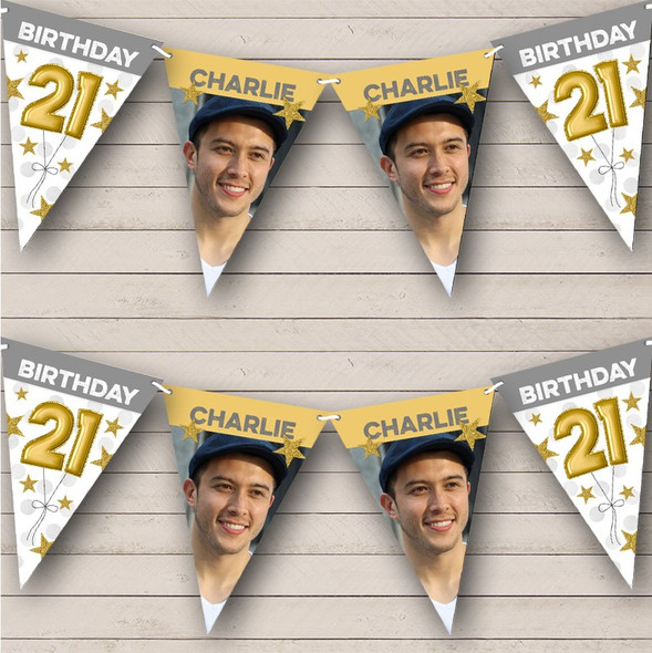 21st Birthday Balloons Photo Gold Grey Stars Custom Personalised Party Flag Banner Bunting
