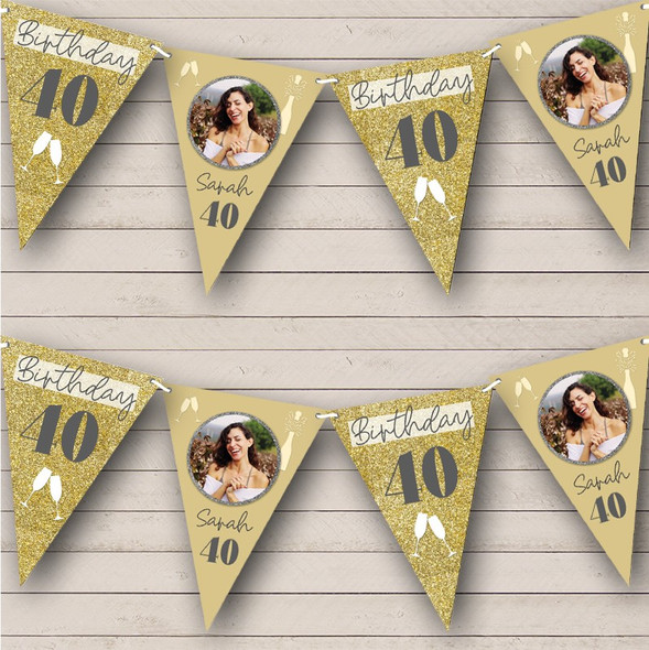 40th Birthday Girl Cheers Gold Glitter Photo Custom Personalised Party Flag Banner Bunting