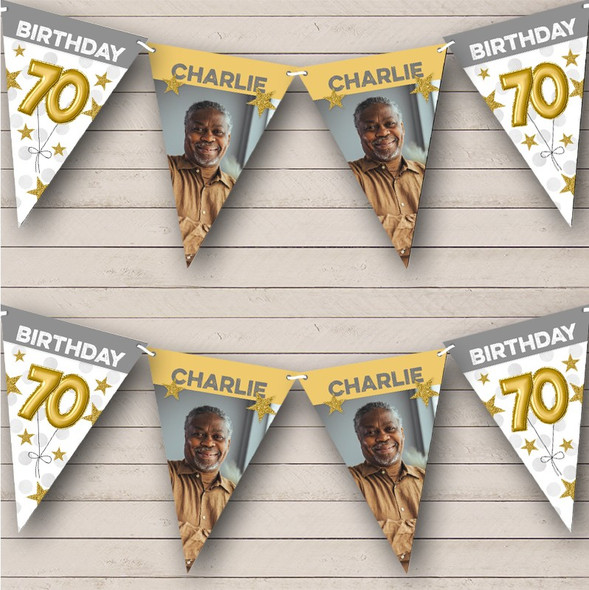 70th Birthday Balloons Photo Gold Grey Stars Custom Personalised Party Flag Banner Bunting