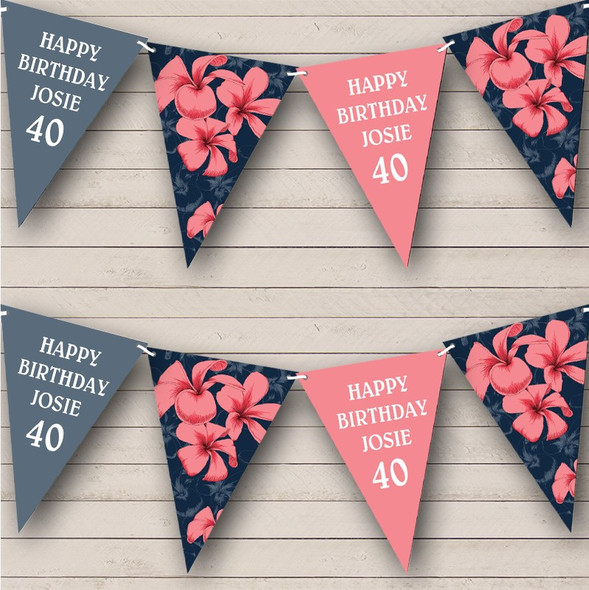 Blue Pink Flowers Hawaii Pattern Birthday Age Custom Personalised Party Flag Banner Bunting