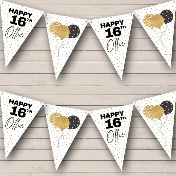 Gold Polka Dots Balloons Milestone Age Birthday 16 Custom Personalised Flag Banner Bunting