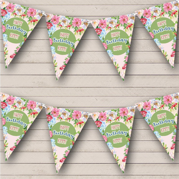 Happy Birthday Colourful Vintage Style Flowers Custom Personalised Party Flag Banner Bunting