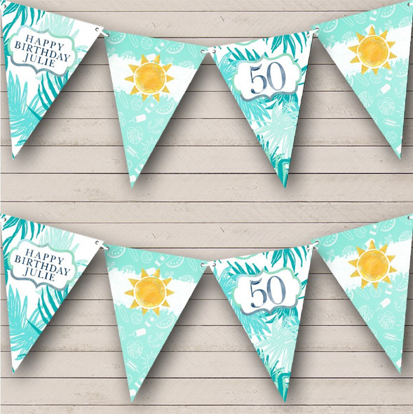 Tropical Holiday Birthday Age Blue Sun Custom Personalised Party Flag Banner Bunting