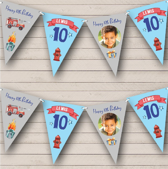 10th Birthday Boy Kids Fire Fighter Truck Photo Any Age Custom Personalised Flag Banner Bunting