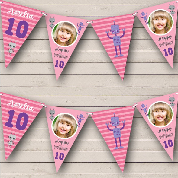 10th Birthday Girl Kids Robot Pink Purple Photo Any Age Custom Personalised Flag Banner Bunting