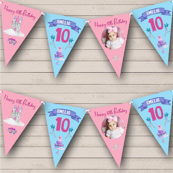 10th Birthday Girl Princess Castle Pink Photo Any Age Custom Personalised Flag Banner Bunting