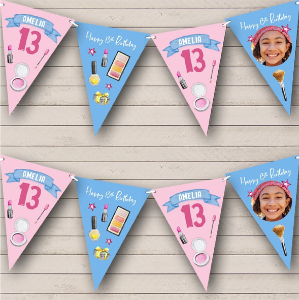 13th Birthday Girl Make Up Painted Photo Pink & Any Age Custom Personalised Flag Banner Bunting