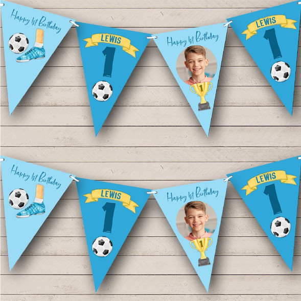 1st Birthday Boy Kids Football Sport Yellow Photo Any Age Custom Personalised Flag Banner Bunting