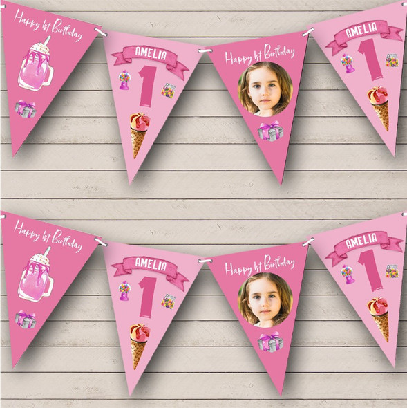 1st Birthday Girl Kid Sweets Ice Cream Pink Photo Any Age Custom Personalised Flag Banner Bunting