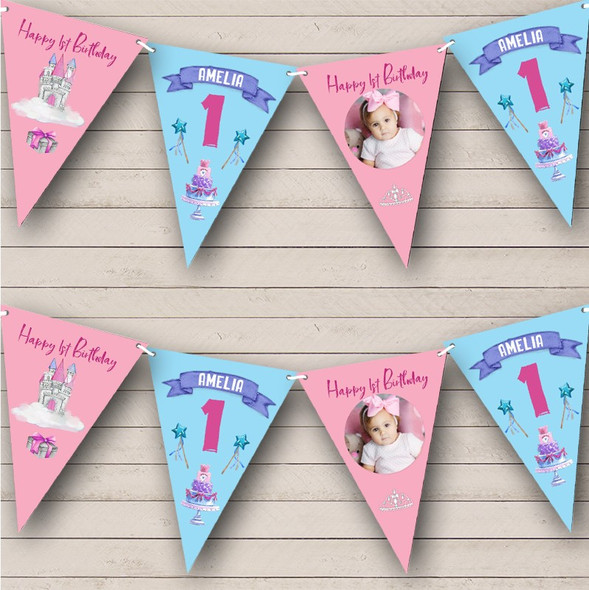 1st Birthday Girl Princess Castle Pink Photo Any Age Custom Personalised Flag Banner Bunting