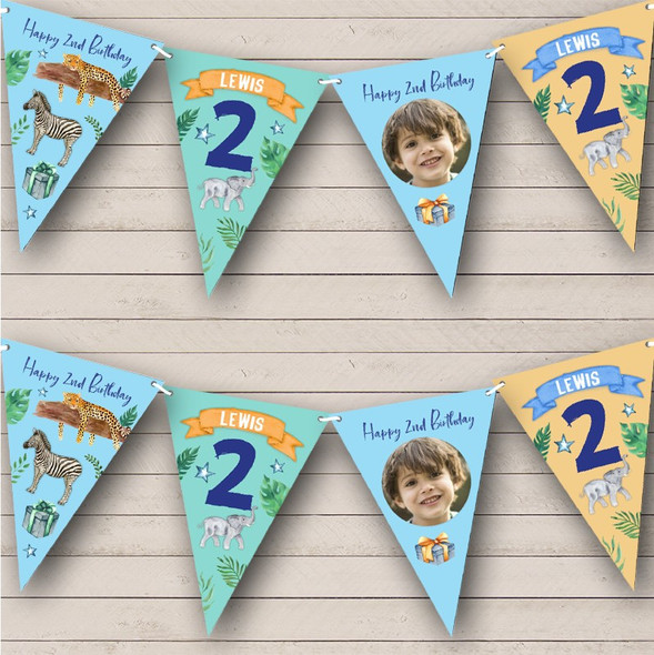 2nd Birthday Boy Kid Jungle Wild Animals Photo Any Age Custom Personalised Flag Banner Bunting