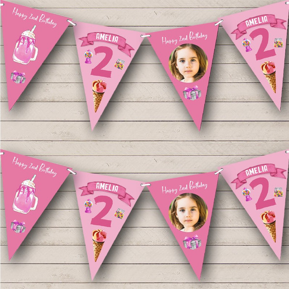 2nd Birthday Girl Kid Sweets Ice Cream Pink Photo Any Age Custom Personalised Flag Banner Bunting