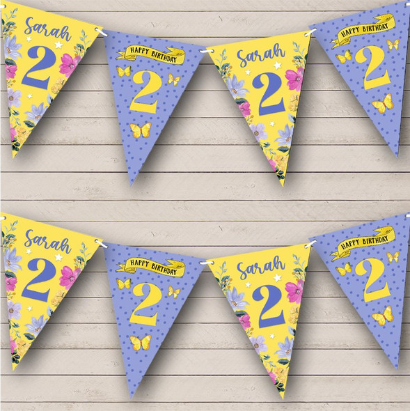2nd Birthday Girl Pretty Flowers Purple Yellow Any Age Custom Personalised Flag Banner Bunting