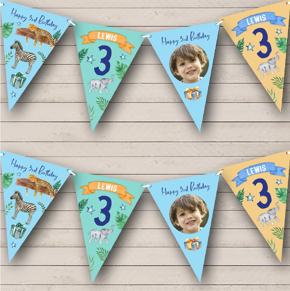 3rd Birthday Boy Kid Jungle Wild Animals Photo Any Age Custom Personalised Flag Banner Bunting