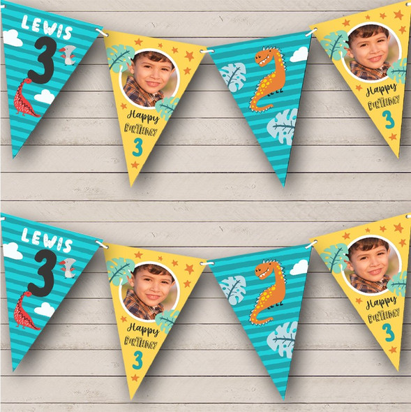 3rd Birthday Boy Kids Dinosaur Photo Blue Yellow Any Age Custom Personalised Flag Banner Bunting