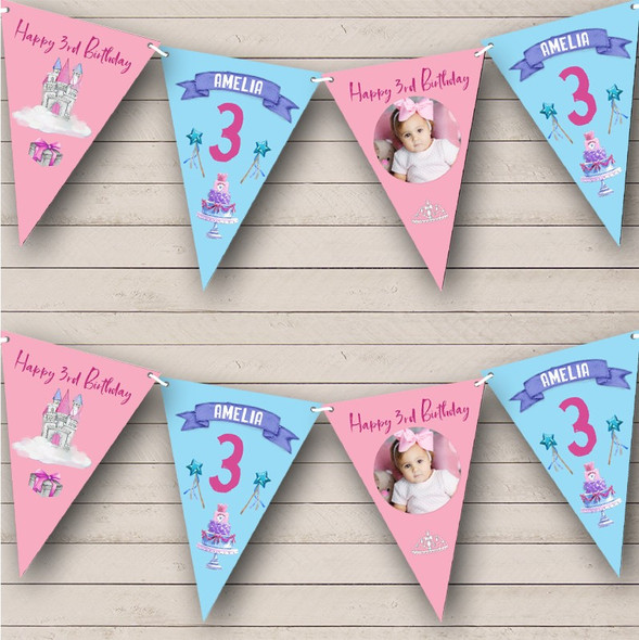 3rd Birthday Girl Princess Castle Pink Photo Any Age Custom Personalised Flag Banner Bunting