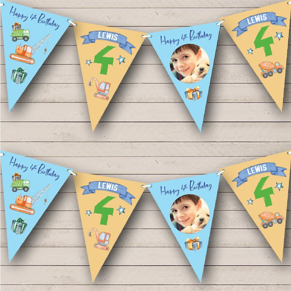 4th Birthday Boy Cars Trucks Toys Blue Orange Photo Any Age Custom Personalised Flag Banner Bunting