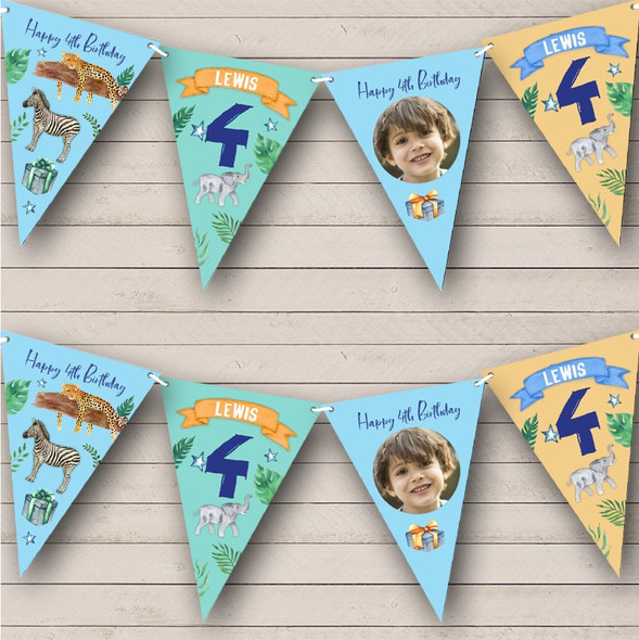 4th Birthday Boy Kid Jungle Wild Animals Photo Any Age Custom Personalised Flag Banner Bunting