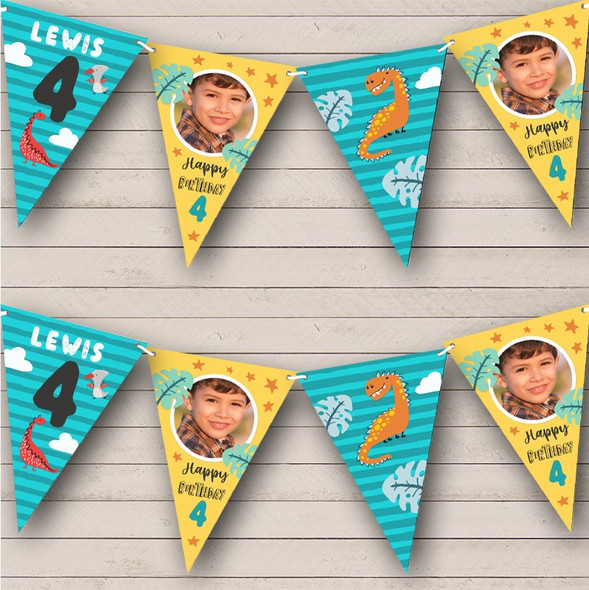 4th Birthday Boy Kids Dinosaur Photo Blue Yellow Any Age Custom Personalised Flag Banner Bunting