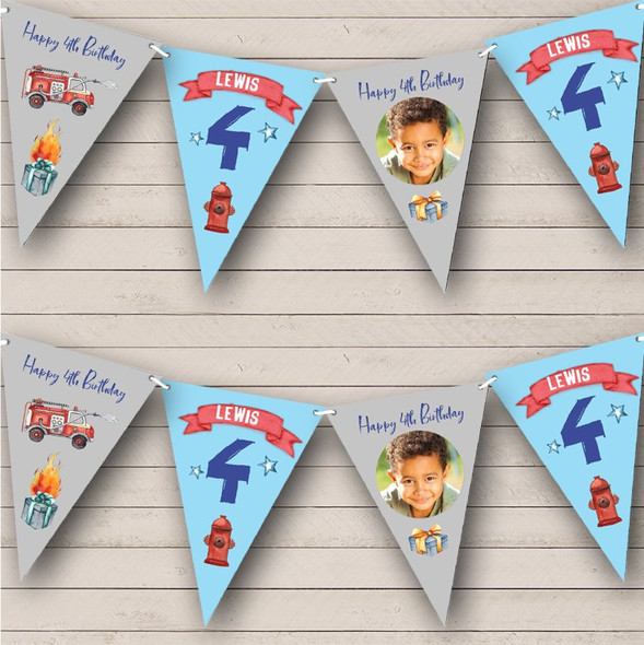 4th Birthday Boy Kids Fire Fighter Fire Truck Photo Any Age Custom Personalised Flag Banner Bunting